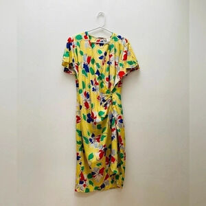 Vintage - Fun Floral 90’s Yellow Front Wrap Silk Dress